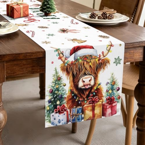 Hafangry Highland Cow Christmas Table Runner, 13 x 72in Polyester Linen-Look