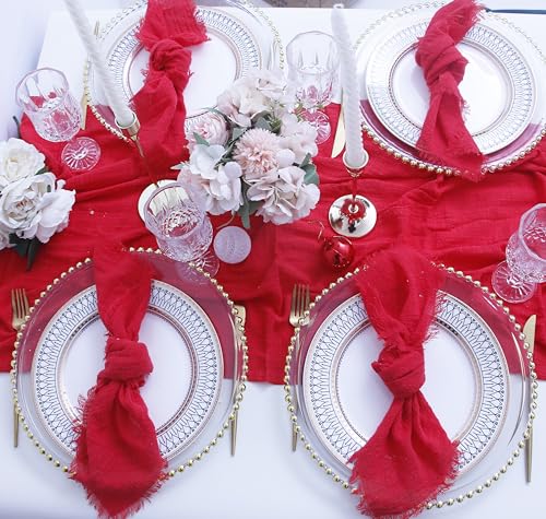 JINVASE Red Cotton Gauze Cloth Napkins with Fringe Set of 12, 16x16 inches