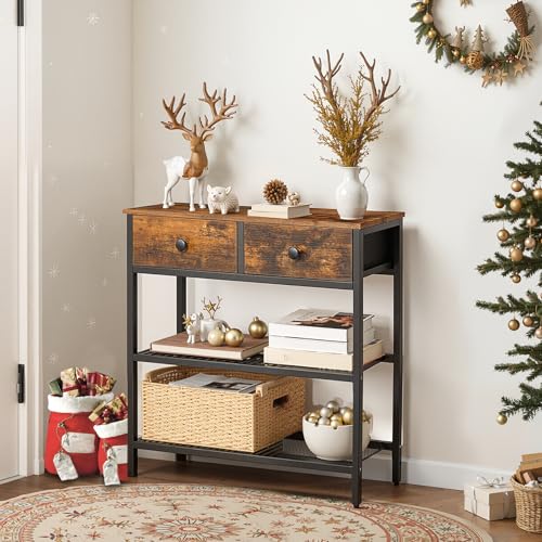 Narrow Console Table with 2 Fabric Drawers & 3-Tier Shelves - Rustic Brown