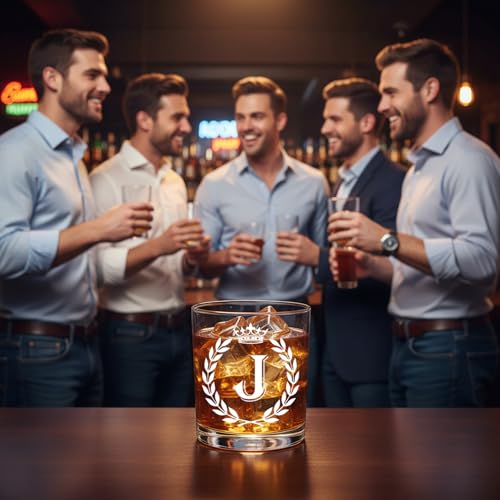 Personalized Whiskey Glass with Letter J Initial - Transparent 10 OZ Old Fashioned Gift for Men
