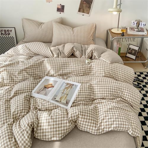 Brown Gingham Queen Duvet Cover Set - Soft Washed Microfiber Bedding