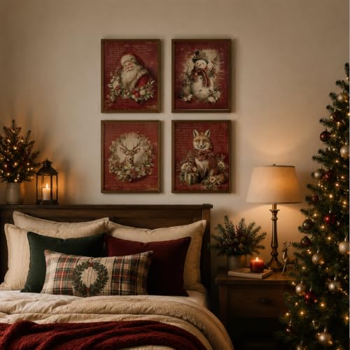 WEFKODO Vintage Christmas Wall Art Set - 4 Unframed Holiday Prints, Santa & Winter Scenes, White Christmas 13