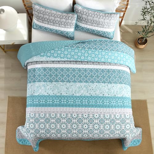 Teal Boho Queen Quilt Set - 3-Piece Floral Striped Microfiber Bedspread