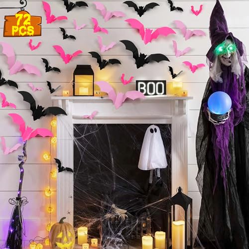 72 Pcs 3D Halloween Bat Wall Decor Stickers - Realistic PVC Bats