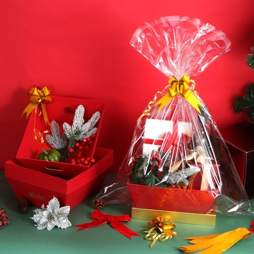 Red Gift Basket Set 10 Pack - Thick Kraft, Includes Bows & Bags