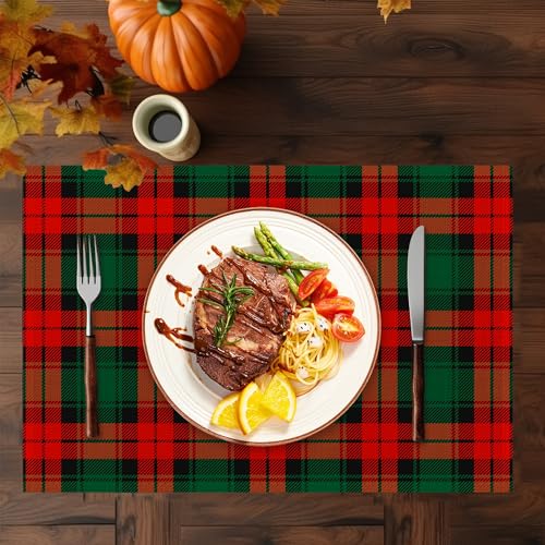 Christmas Plaid Placemats Set of 6 - Washable 12x18 Inch Linen Table Mats, Green & Red Holiday Decor