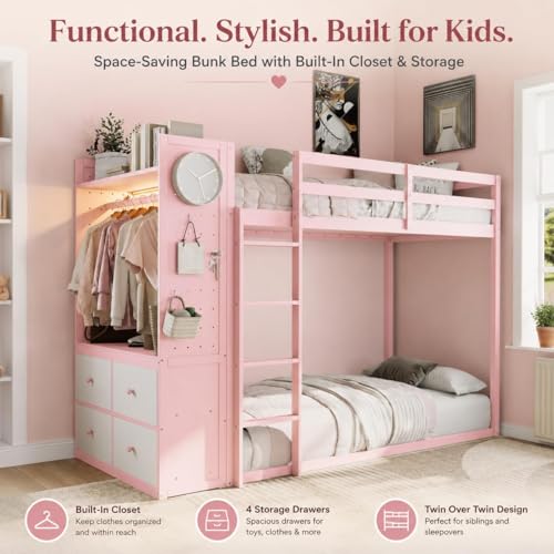 Twin Over Twin Wooden Bunk Bed with Storage Drawers and LED Lights
