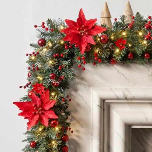 Lewondr 9FT Prelit Christmas Garland with Red Poinsettia & 50 LEDs - Green & Red Variation