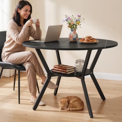 5-Piece Round Dining Table Set for 4 with Storage Shelf and Upholstered Chairs