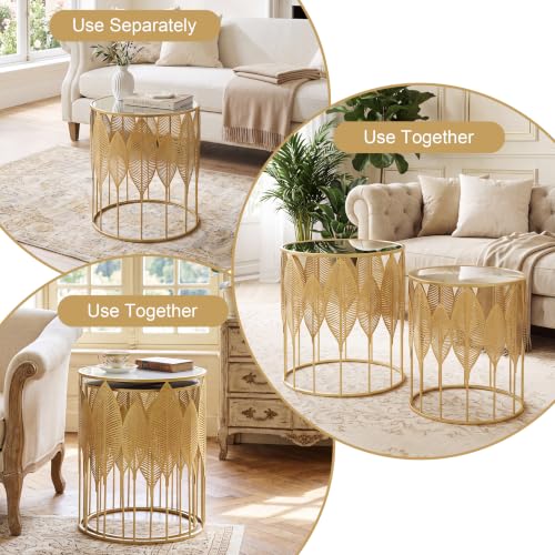 Gold Metal Nesting Tables Set of 2, Round Side Tables with Leaf Design
