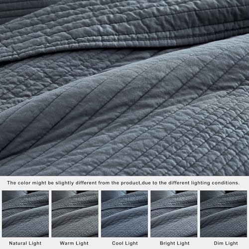 100% Cotton Queen Quilt Bedding Set - Striped Blue Grey Coverlet with 2 Shams
