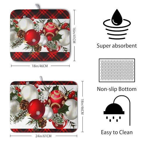 Kwlegh Christmas Buffalo Plaid Dish Drying Mat 18x24in - Reversible Microfiber Kitchen Pad
