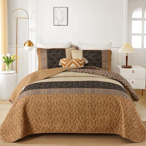Cottolester King Size Boho Plaid Quilt Set - 3 Piece Brown Bedspread
