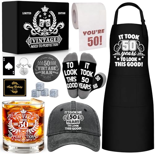 50th Birthday Gift Set for Men Whiskey Glass & Accessories - 11 Oz, Humor & Fun