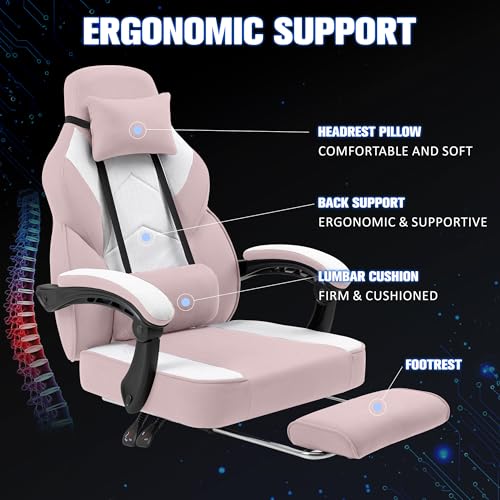 Ergonomic Gaming Chair with Massage Lumbar Support, Fabric Pink & Footrest