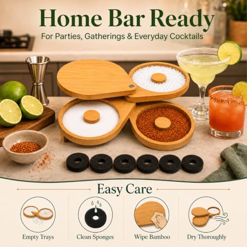 Wadoy 3-Tier Bamboo Cocktail Rimmer Set with Protective Lid & Replaceable Sponges