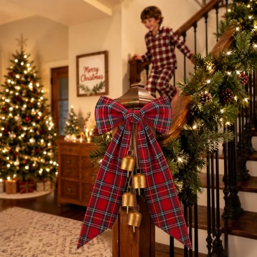 18 Inch Christmas Bow with Cow Bells and Tartan Plaid for Tree Decor