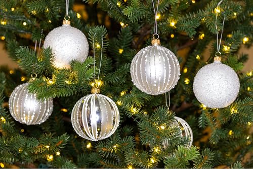 Luxury Frosted 80mm Mouth-Blown European Glass Christmas Ball Ornaments Set of 6 - Silver & White Frosted Luxe