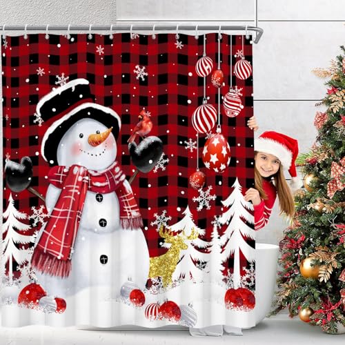 Pnylzzyxh Christmas Snowman Shower Curtain 72x72 inches Waterproof Red White