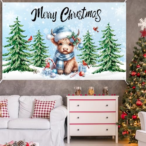 Nezfor Christmas Banner 44x72in Highland Cow Pine Tree Decor for Parties