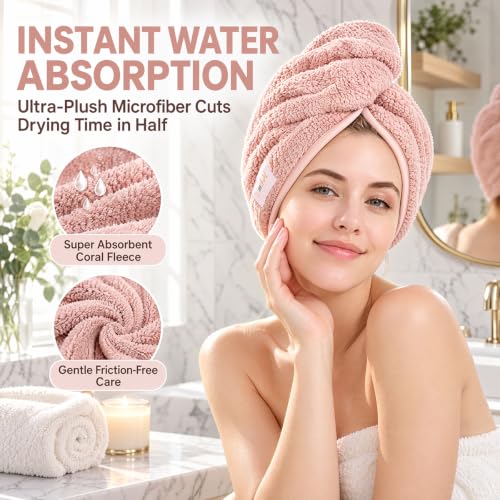 M-bestl 2 Pack Microfiber Hair Towel Wrap with Button - Pink & Beige Quick Dry