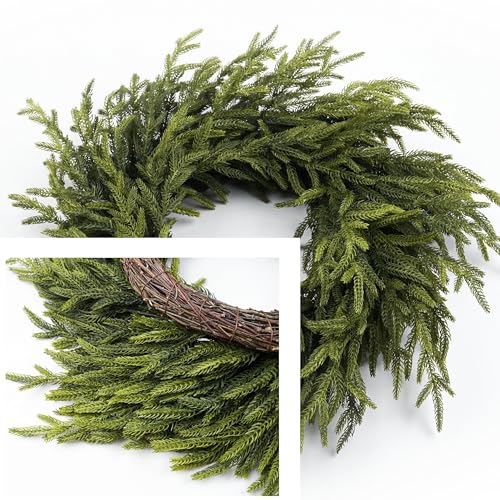 HomeKaren 24-Inch Real Touch Norfolk Pine Christmas Wreath for Front Door - Indoor & Outdoor Holiday Decor