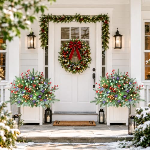 ENVEN Prelit Outdoor Christmas Urn Filler with 70 Multicolor LEDs - Outdoor Pathway & Porch Tree (2-pack) with Timer