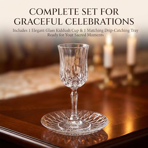 Modern Glass Kiddush Cup Set with Matching Tray - 5.2 oz Wine Goblet