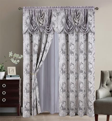 Luxury Jacquard Curtain Panel Set with Valance - 54x84 inches Silver Gray