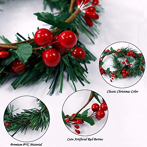 8-Pack Small Christmas Candle Ring Wreaths - Faux Red Berry Centerpieces