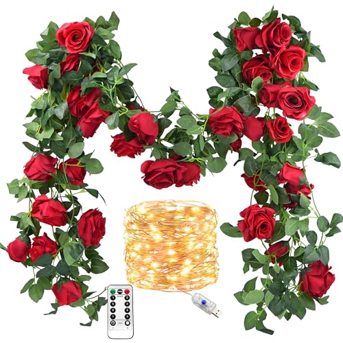Christmas Red Fairy String Lights & Red Rose Silk Garland Set - 29 Ft 4 Pack