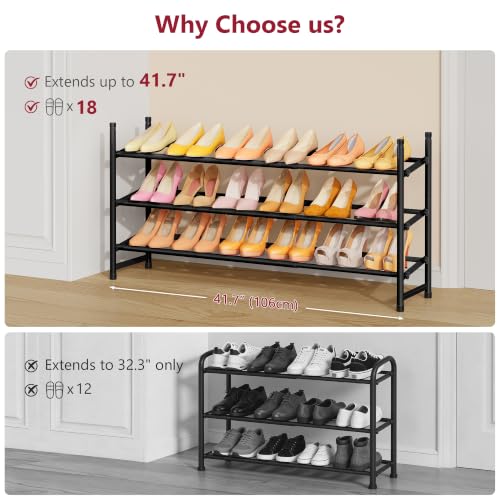 3-Tier Expandable Shoe Rack, Adjustable Metal Shoe Organizer for Closet