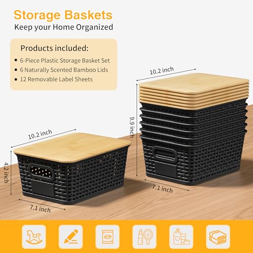 Plastic Storage Baskets with Bamboo Lids and Labels 6-Pack