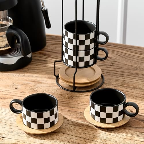 LUKA Black & White Checkered Ceramic Espresso Cup Set with Saucers & Stand - 4 Pcs