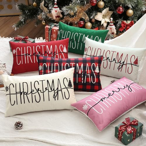 OTOSTAR Christmas Pillow Cover 12x20 Inch Pink Holiday Throw Pillowcase Winter Decor