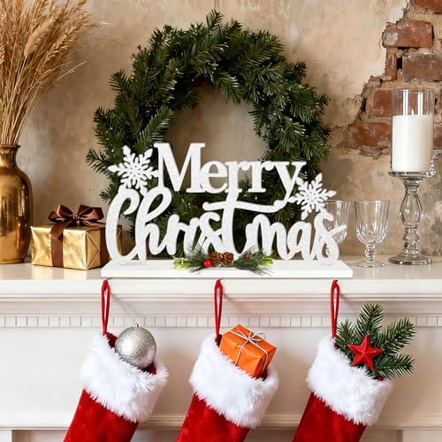 Wooden Merry Christmas Table Sign, White Glitter Snowflake Farmhouse Decor (M) 11.81 x 5.91 in