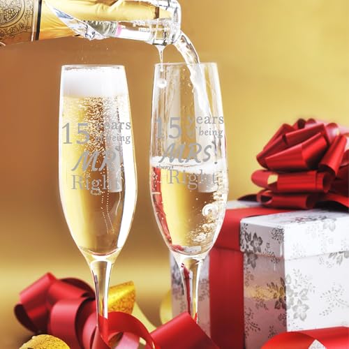 15th Anniversary Champagne Flutes Set of 2 with Gift Box – Crystal Glass, Elegant Design