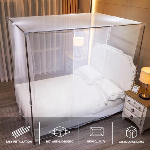 Queen Size White Bed Canopy Mosquito Net - One Side Opening Mesh Curtain
