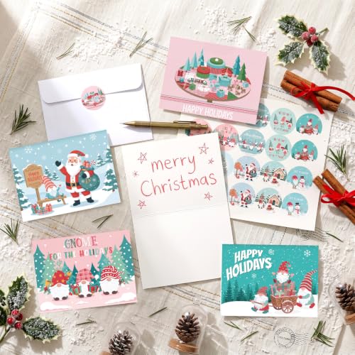 Engrowtic Christmas Gnome Greeting Cards Set with Envelopes & Seals - 10 Assorted Holiday Designs