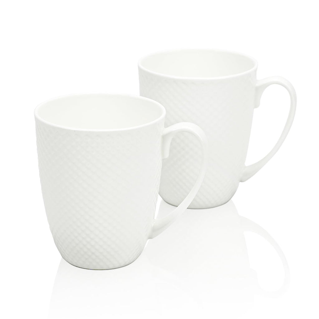 COSTMANCE 12 Oz White Coffee Mugs Set of 2, Fine Bone China Mugs, Ceramic Coffee Cups Set, Rhombus Relief Texture, Lightweight Tea Mugs for Latte, Hot Cocoa, Women, Men