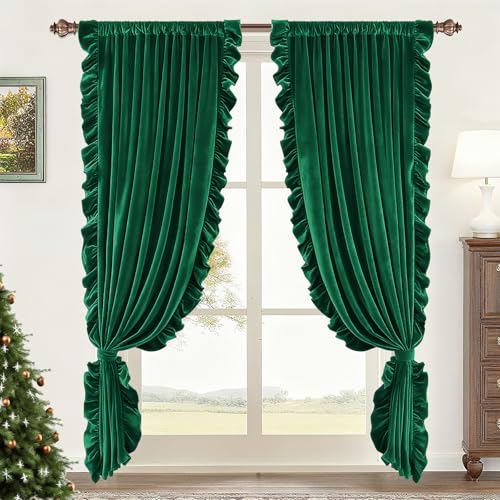 Likiyol Green Velvet Curtains for Living Room 84 Inch Pack of 2 Blackout Ruffle Drapes with Tiebacks, Thermal Insulated Window Panel Darkening Curtains 52" W x 84" L