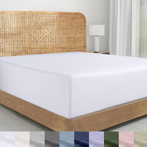 100% Organic Cotton Queen Fitted Sheet - Crisp White Percale, 15" Deep Pocket