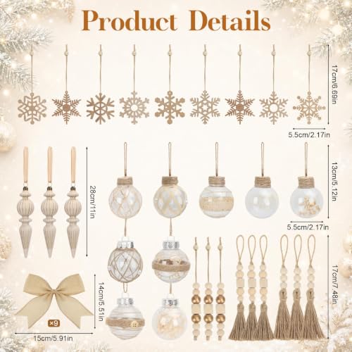 39-Pack Neutral Rustic Christmas Ornaments Set for Farmhouse & Boho Holiday Decor