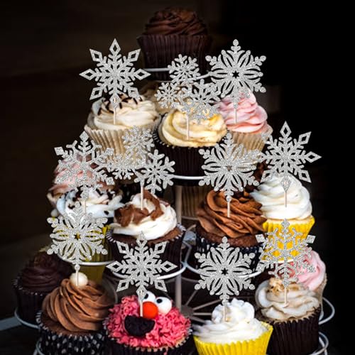 Rsstarxi 36 Pack Snowflake Cupcake Toppers – Silver Glitter Snowflake Picks for Christmas & Winter Parties (Design 6)