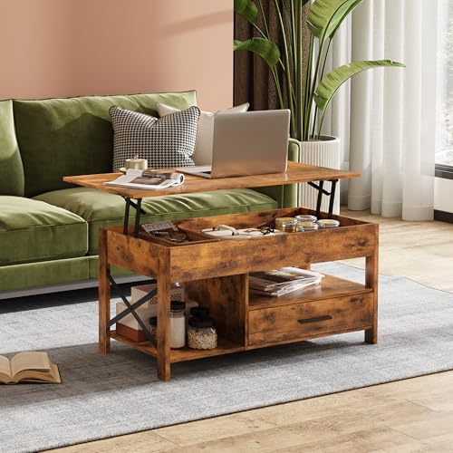 Lift Top Coffee Table with Hidden Storage and Drawer, Modern Farmhouse Wood