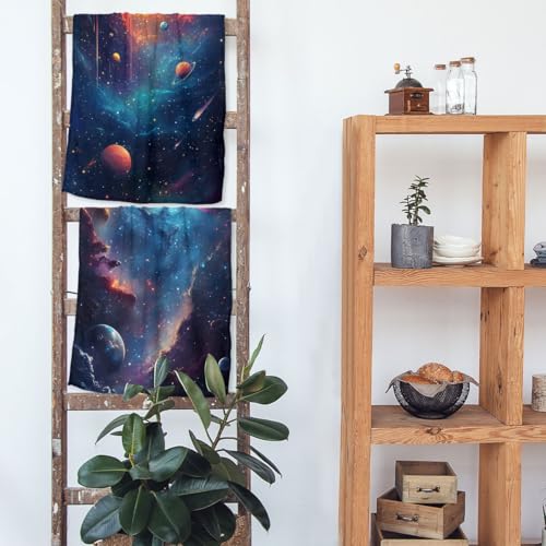 Space Hand Towels, 2-Piece Alien Galaxy Decorative Set for Bathroom Kitchen