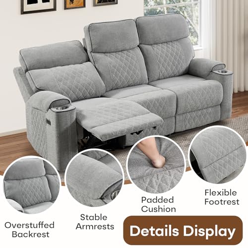 Power Reclining Loveseat Sofa with USB Charging, Cup Holders & Storage, Grey