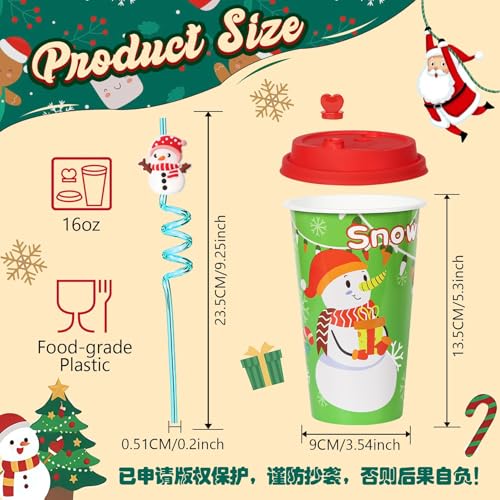 AFZMON 24 Sets Christmas Party Cups with Lids and Silly Straws - Bulk 16oz