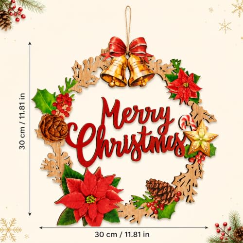 SWEKKE Style7 Christmas Wooden Door Sign - Hanging Wreath Decor with Bells, Poinsettia & Pine Cone