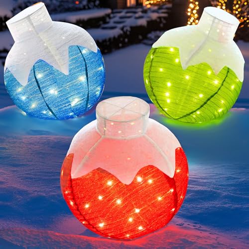 Dazzle Bright LED Christmas Ball Decorations Set - 3 Collapsible Outdoor Indoor Holiday Ornaments with 8 Modes & Timer